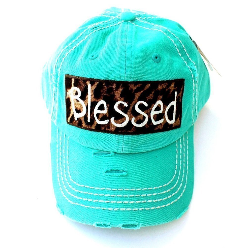 Blessed Leopard Print Aqua Green Womens Distressed Baseball KBETHOS Cap Hat